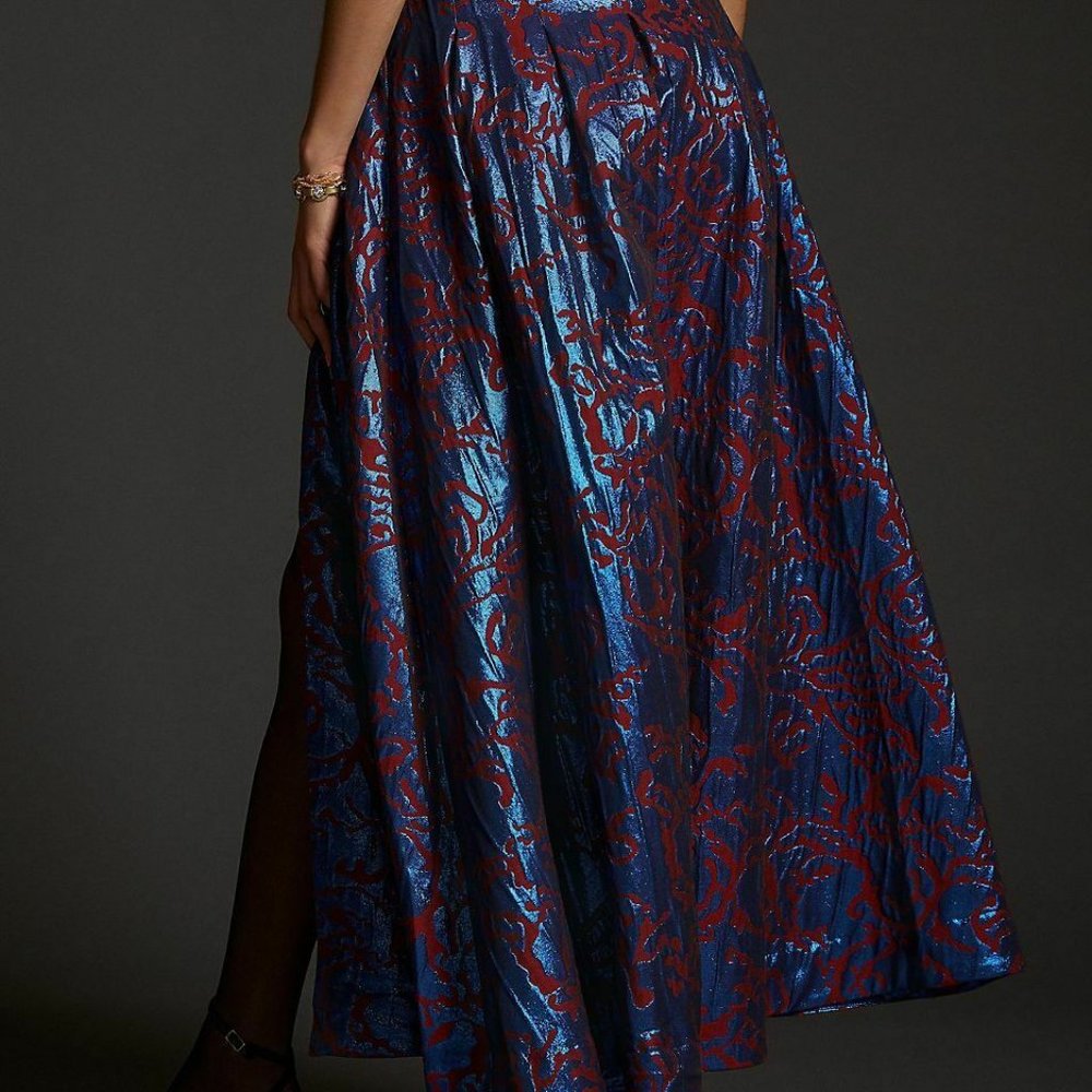 Anthropologie Maeve 4 NWT Pleated Shimmer Maxi Skirt Cocktail Metallic Blue - Picture 5 of 10